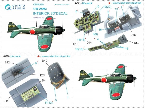 Quinta Studio QD48239 A6M2 Zero 3D-Printed &amp; coloured Interior on decal paper (Eduard) 1/48