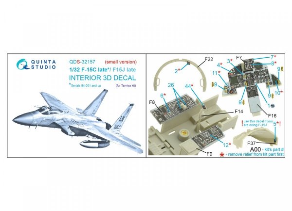 Quinta Studio QDS-32157 F-15C Late/F-15J late 3D-Printed &amp; coloured Interior on decal paper (Tamiya) (small version) 1/32