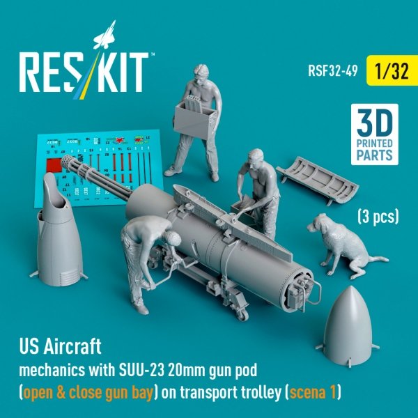 RESKIT RSF32-0049 US Aircraft mechanics with SUU-23 20mm gun pod (open &amp; close gun bay) on transport trolley (scene 1) (3 pcs) (3D Printed) (1/32)