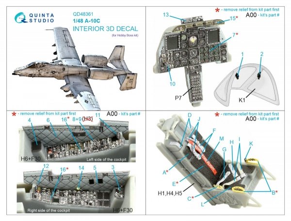 Quinta Studio QD48361 A-10C 3D-Printed &amp; coloured Interior on decal paper (Hobby Boss) 1/48