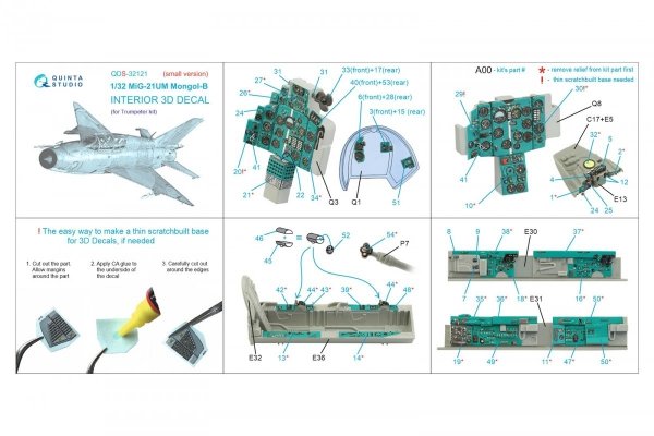 Quinta Studio QDS-32121 MiG-21UM 3D-Printed &amp; coloured Interior on decal paper (Trumpeter) (Small version) 1/32