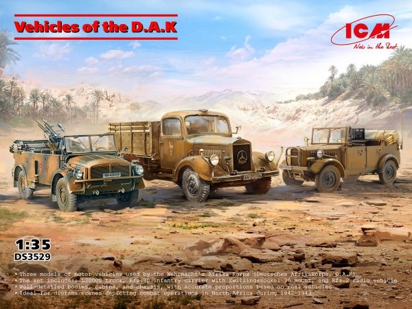 ICM DS3529 Vehicles of the D.A.K (s.E.Pkw Kfz.70 with Zwillingssockel 36, Typ L3000S, le.gl.Einheitz-Pkw Kfz.2) 1/35