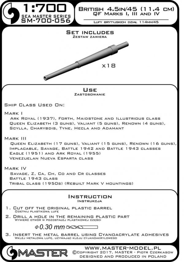 Master SM-700-056 British 4,5in/45 (11.4cm) QF Marks I,III and IV (18pcs) used on Ark Royal (1:700)