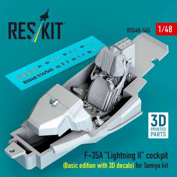 RESKIT RSU48-0545 F-35A "Lightning II" cockpit (Basic edition with 3D decals) for Tamiya kit (3D Printed) (1/48)