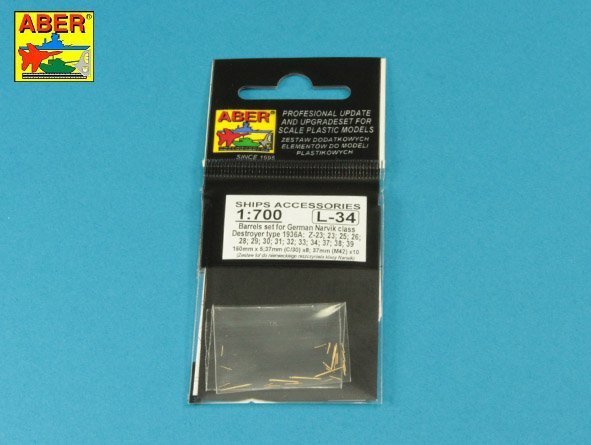 Aber 1:700L-34 Set of Barrels for Narvic classe destroyers type 1936A: 150mm x 5; 37mm x 8; 37mm(M42) x 10; 1/700