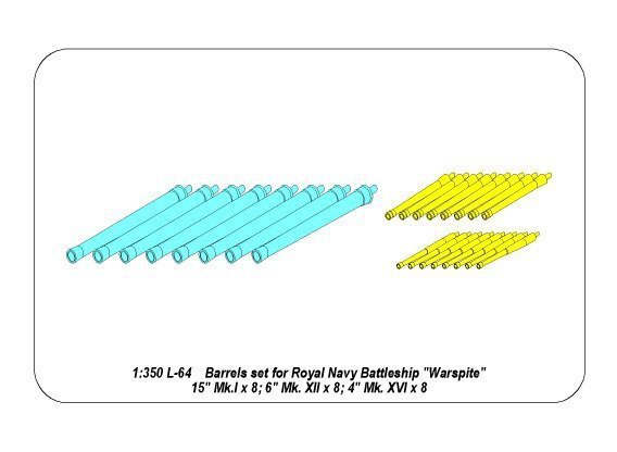 Aber 350L-64 Set of Barrels for H.M.S. Warspite battleship- 15” Mk.Ix 8; 6” Mk.XII x 8; 4” Mk.XVI x 8 (1:350)