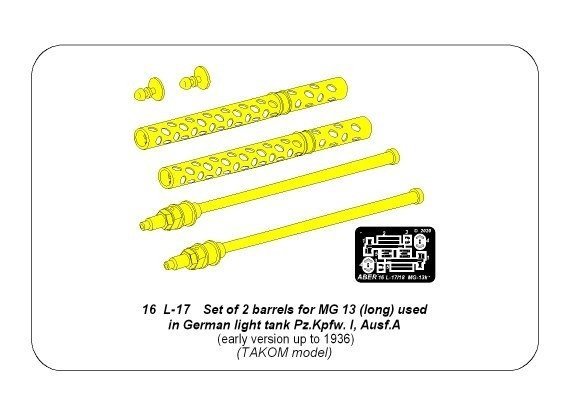 Aber 16L-17 Zestaw 2 luf do MG13 używanych w niemieckim czołgu Pz.Kpfw. I, Ausf.A wczesny do 1938r. / Set of 2 barrels for guns MG13 (long) used in German light tank Pz.Kpfw. I, Ausf.A early to 1938 1/16 