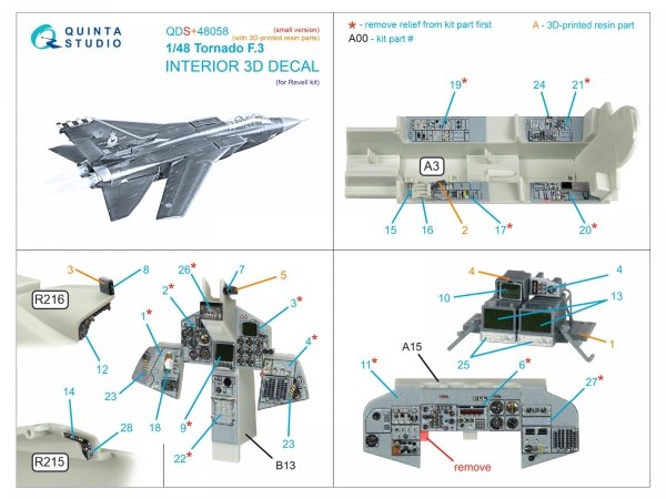 Quinta Studio QDS+48058 Tornado F.3 3D-Printed &amp; coloured Interior on decal paper (Revell) (small version) (with 3D-printed resin parts) 1/48
