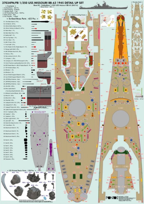Pontos 37034FB USS BB-63 Missouri 1945 Advanced Detail Up Set for Hobbyboss Kit (Deck Blue 20B stained wooden deck) 1/350
