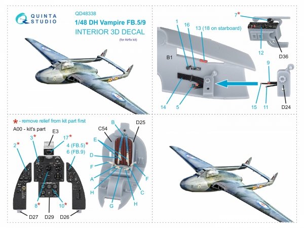 Quinta Studio QD48338 DH Vampire FB.5/FB.9 3D-Printed coloured Interior on decal paper (Airfix) 1/48