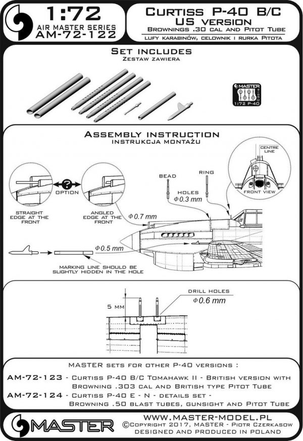 Master AM-72-122 Curtiss P-40 B/C - wersja USA - lufy karabinów Browning .30 cal i amerykańska wersja Rurki Pitota (1:72)