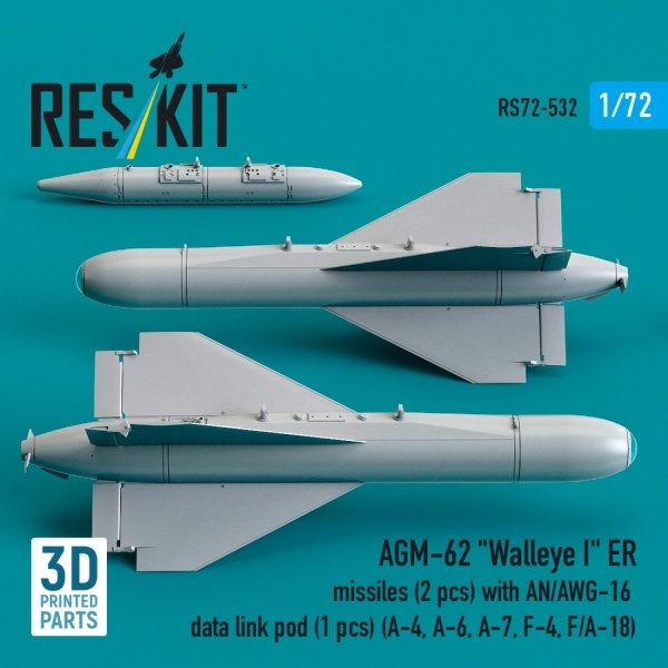 RESKIT RS72-0532 AGM-62 "Walleye I" ER missiles (2 pcs) with AN/AWG-16 data link pod (1 pcs) (A-4, A-6, A-7, F-4, F/A-18) (3D Printed) (1/72)