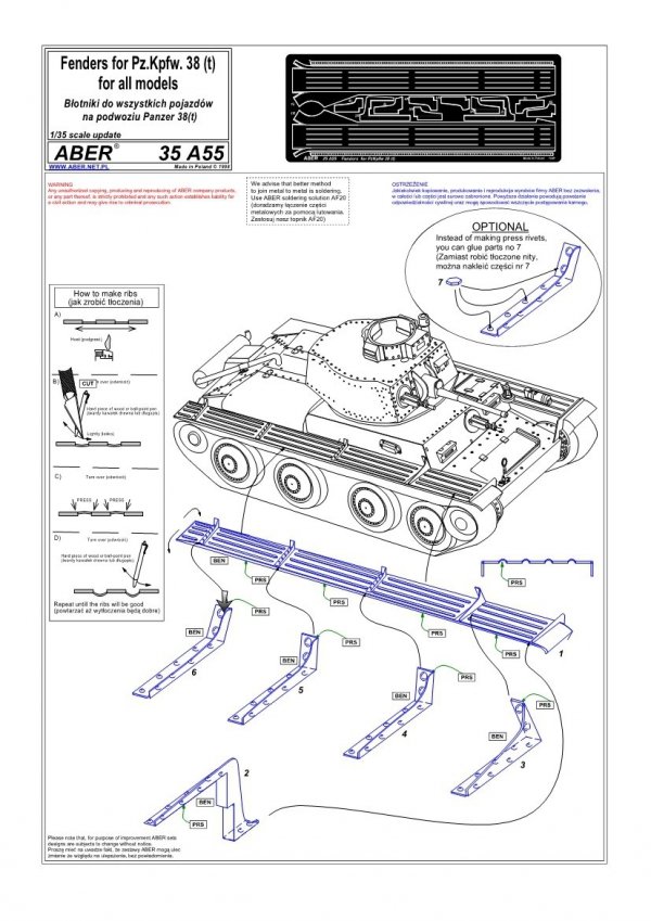 Aber 35A055 Błotniki do czołgów typu Panzer 38 (Praga) (1:35)