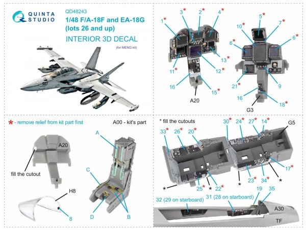 Quinta Studio QD48243 F/A-18F late / EA-18G 3D-Printed &amp; coloured Interior on decal paper ( Meng ) 1/48