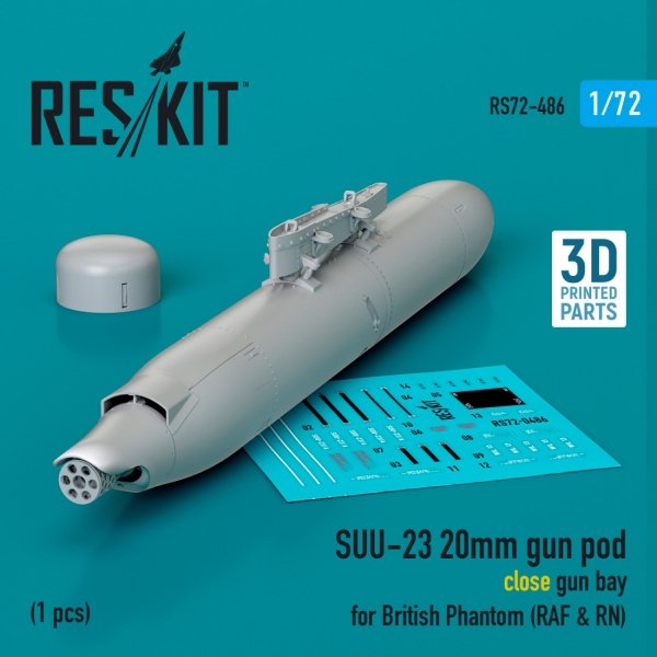 RESKIT RS72-0486 SUU-23 20mm gun pod (close gun bay) for British Phantom (RAF &amp; RN) (1 pcs) (3D Printed) 1/72