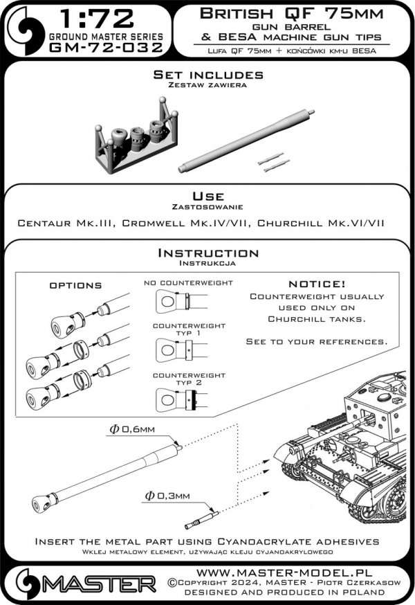 Master GM-72-032 Brytyjskie działo QF 75mm + końcówki km-u Besa - Centaur Mk.III, Cromwell Mk.IV/VII, Churchill Mk.VI/VII i inne 1/72