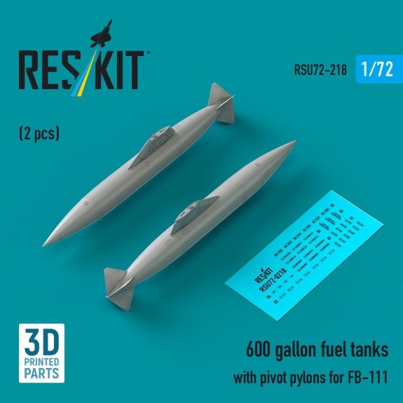RESKIT RSU72-0218 600 gallon fuel tanks with pivot pylons for FB-111 (2 pcs) (3D Printed) (1/72)