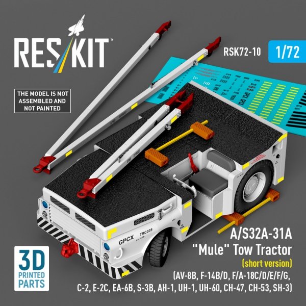 RESKIT RSK72-0010 A/S32A-31A "Mule" Tow Tractor (short version) (AV-8B, F-14B/D, F/A-18C/D/E/F/G, C-2, E-2С, EA-6B, S-3B, AH-1, UH-1, UH-60, CH-47, CH-53, SH-3) (3D Printed model kit) (1/72)