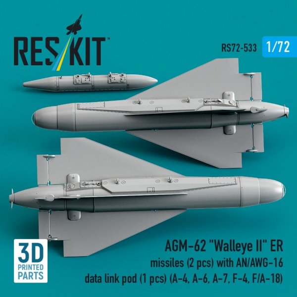 RESKIT RS72-0533 AGM-62 "Walleye II" ER missiles (2 pcs) with AN/AWG-16 data link pod (1 pcs) (A-4, A-6, A-7, F-4, F/A-18) (3D Printed) (1/72)