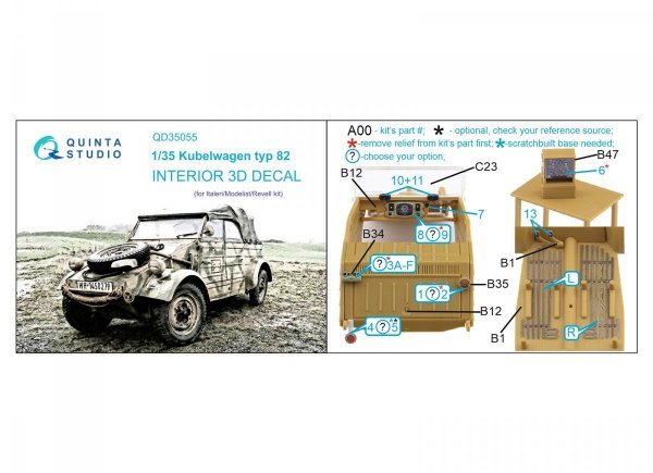 Quinta Studio QD35055 Kubelwagen typ 82 3D-Printed &amp; coloured Interior on decal paper ( Italeri ) 1/35