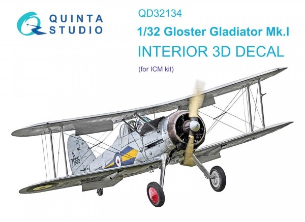 Quinta Studio QD32134 Gloster Gladiator Mk I 3D-Printed &amp; coloured Interior on decal paper (ICM) 1/32