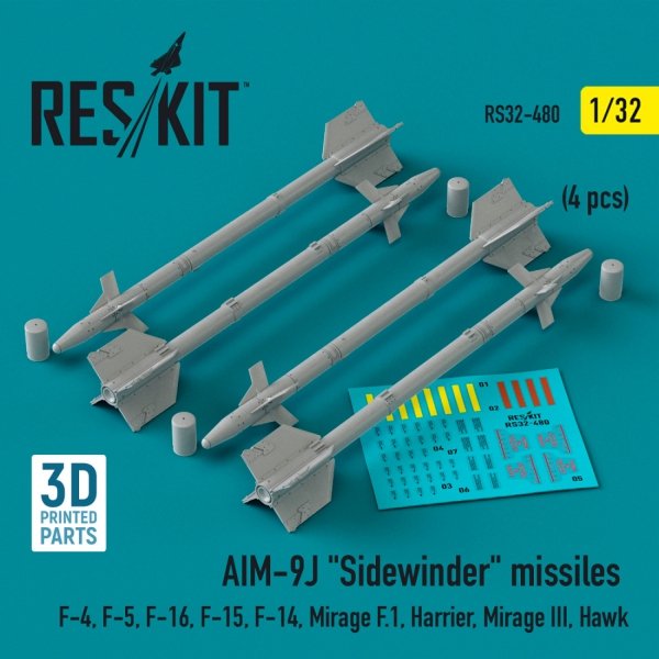 RESKIT RS32-0480 AIM-9J &quot;Sidewinder&quot; missiles (4 pcs) (3D Printed) 1/32