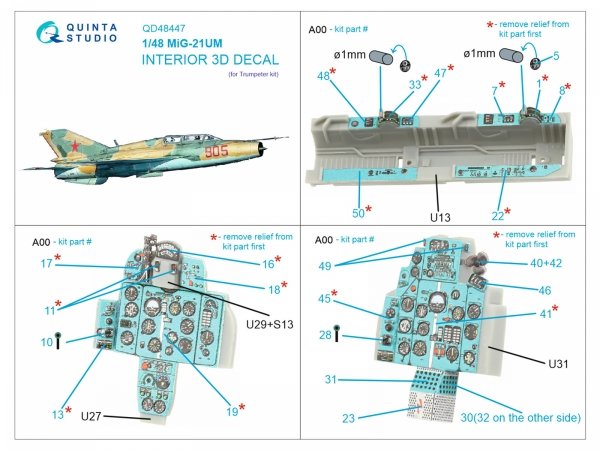 Quinta Studio QD48447 MiG-21UM 3D-Printed coloured Interior on decal paper (Trumpeter) 1/48