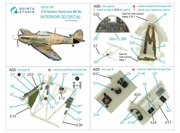 Quinta Studio QD32139 Hawker Hurricane Mk.IIb 3D-Printed &amp; coloured Interior on decal paper (Revell) 1/32
