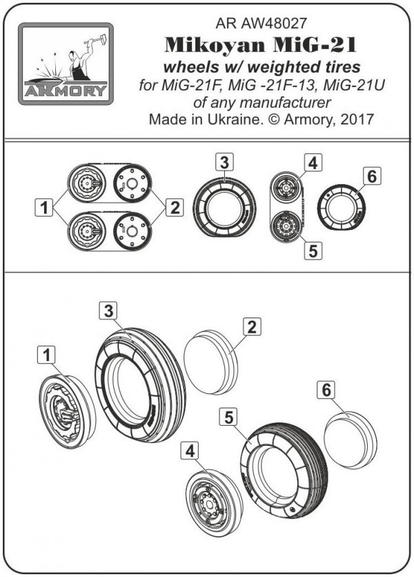 Armory Models AW48027 Mikoyan MiG-21 Fishbed wheels w/ weighted tires, early 1/48