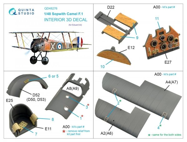 Quinta Studio QD48276 Sopwith Camel F.1 3D-Printed &amp; coloured Interior on decal paper (Eduard) 1/48