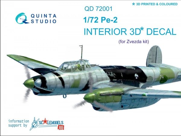 Quinta Studio QD72001 Pe-2 3D-Printed &amp; coloured Interior on decal paper (for 7283 Zvezda kit) 1/72