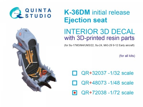 Quinta Studio QR+72038 K-36DM (initial release) ejection seat (for Su-17M3/M4/UM3/22, Su-24, MiG-29 9-12 Early aircraft) (All kits) 1/72