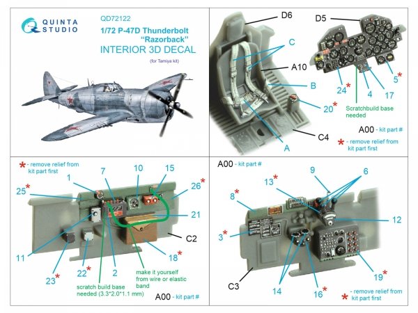 Quinta Studio QD72122 P-47D Thunderbolt Razorback 3D-Printed &amp; coloured Interior on decal paper (Tamiya) 1/72