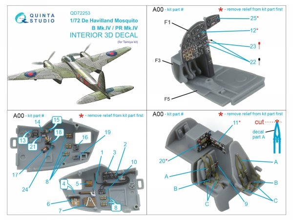Quinta Studio QD72253 DH Mosquito B Mk.IV/PR Mk.IV 3D-Printed &amp; coloured Interior on decal paper (Tamiya) 1/72