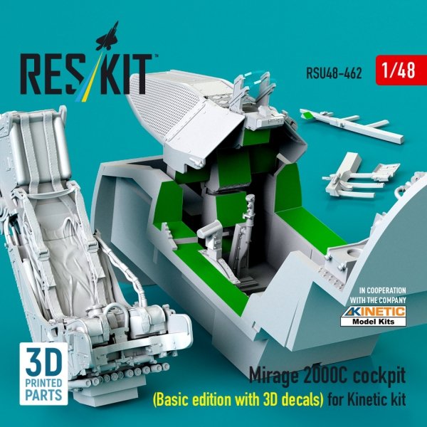 RESKIT RSU48-0462 Mirage 2000C cockpit (Basic edition with 3D decals) for Kinetic kit (3D Printed) (1/48)