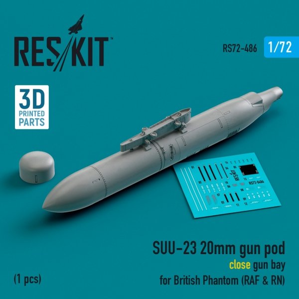 RESKIT RS72-0486 SUU-23 20mm gun pod (close gun bay) for British Phantom (RAF &amp; RN) (1 pcs) (3D Printed) 1/72