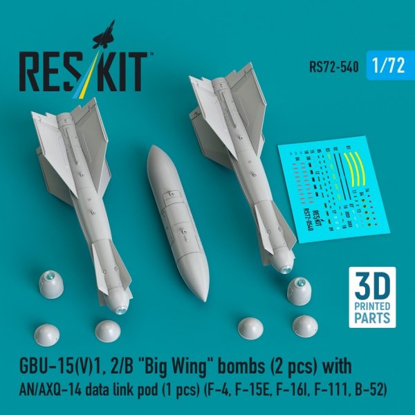 RESKIT RS72-0540 GBU-15(V)1,2/B "Big Wing" bombs (2 pcs) with AN/AXQ-14 data link pod (1 pcs) (3D Printed) 1/72