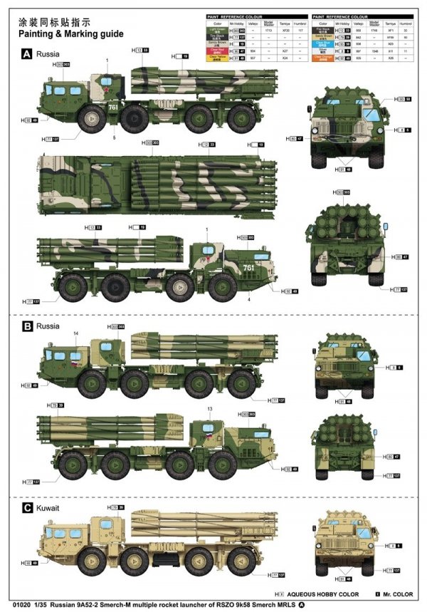 Trumpeter 01020 Russian 9A52-2 Smerch M multiple rocket launcher of RSZO 9k58 Smerch MRLS