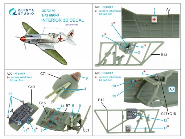 Quinta Studio QD72170 MiG-3 3D-Printed coloured Interior on decal paper (Armory) 1/72