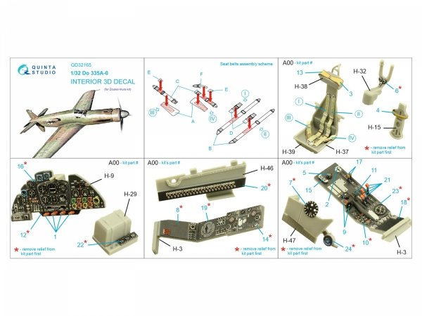 Quinta Studio QD32165 Do 335A-0 3D-Printed &amp; coloured Interior on decal paper (Zoukei-mura) 1/32