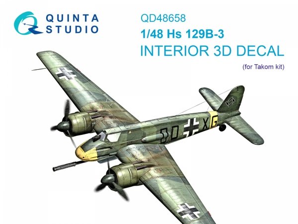 Quinta Studio QD48658 Hs 129B-3 3D-Printed &amp; coloured Interior on decal paper (Takom) 1/48