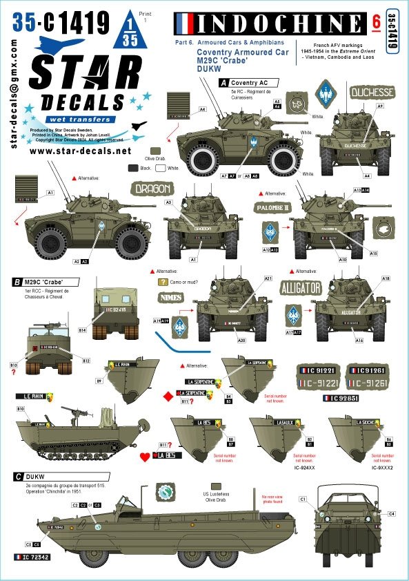 Star Decals 35-C1419 Indochine 6. Armoured cars and Amphibians. Coventry armored car Mk I, DUKW; M29C Crabe/Weasel 1/35