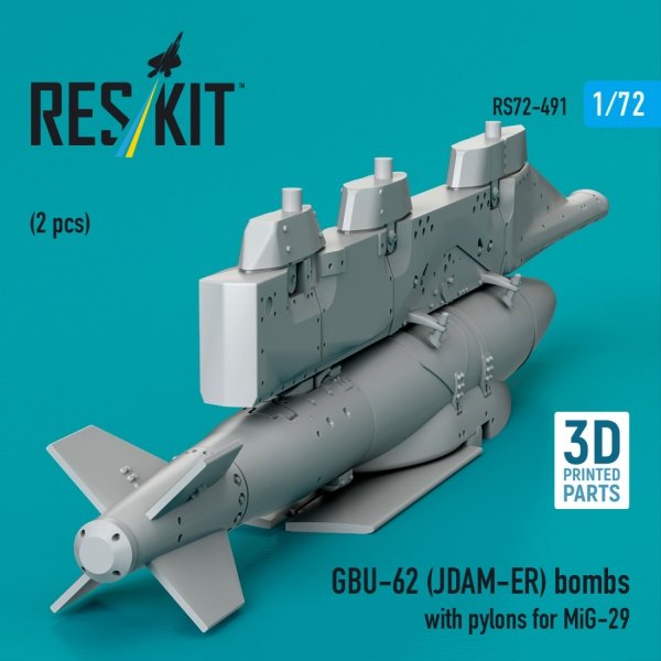RESKIT RS72-0491 GBU-62 (JDAM-ER) bombs with pylons for MiG-29 "Fulcrum" (2 pcs) (3D Printed) (1/72)