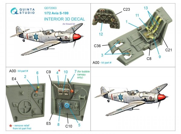 Quinta Studio QD72063 Avia S-199 3D-Printed &amp; coloured Interior on decal paper (Eduard) 1/72