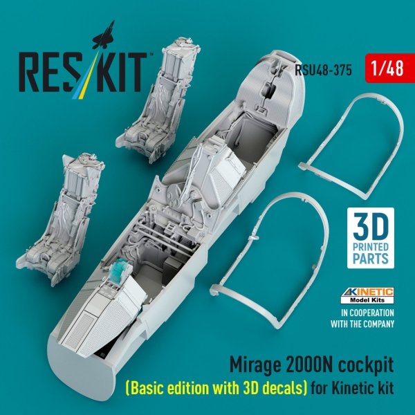 RESKIT RSU48-0375 Mirage 2000N cockpit (Basic edition with 3D decals) for Kinetic kit (3D Printed) (1/48)