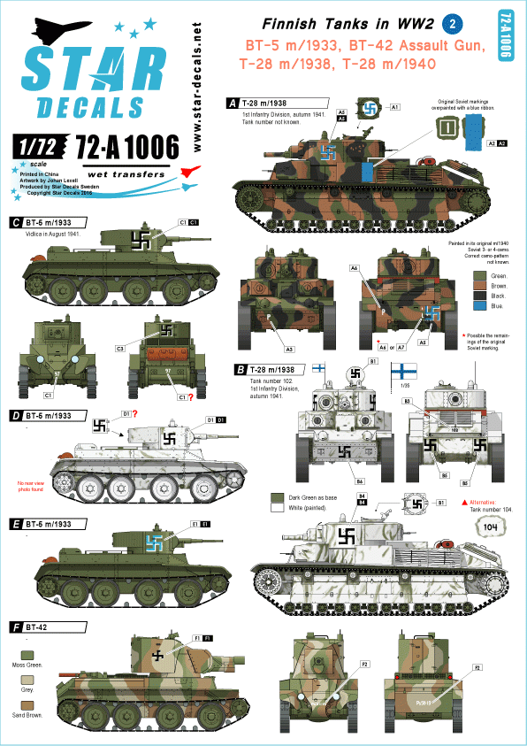 Star Decals 72-A1006 BT-5 m/1933, BT-42 Assault Gun, T-28 m/1938 and T-28 m/1940 1/72