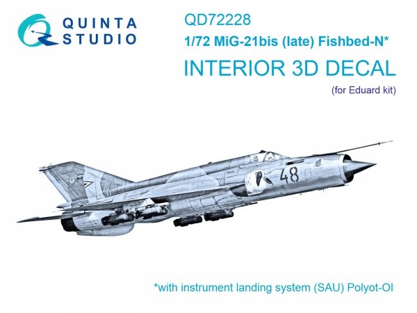 Quinta Studio QD72228 MiG-21bis late 3D-Printed &amp; coloured Interior on decal paper ( Eduard ) 1/72