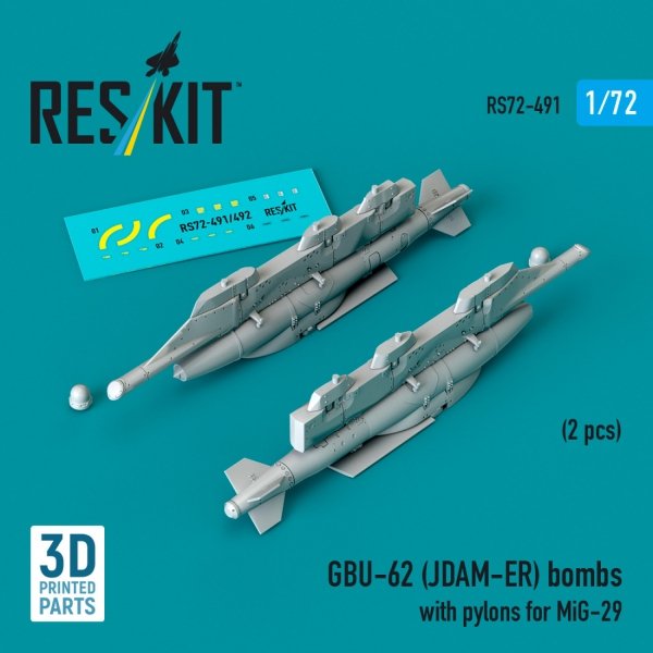 RESKIT RS72-0491 GBU-62 (JDAM-ER) bombs with pylons for MiG-29 "Fulcrum" (2 pcs) (3D Printed) (1/72)