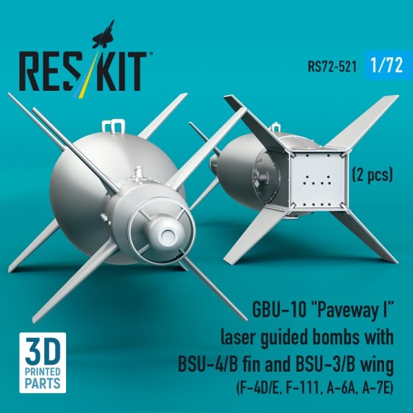 RESKIT RS72-0521 GBU-10 "Paveway I" laser guided bombs with BSU-4/B fin and BSU-3/B wing (2 pcs) (3D Printed) 1/72