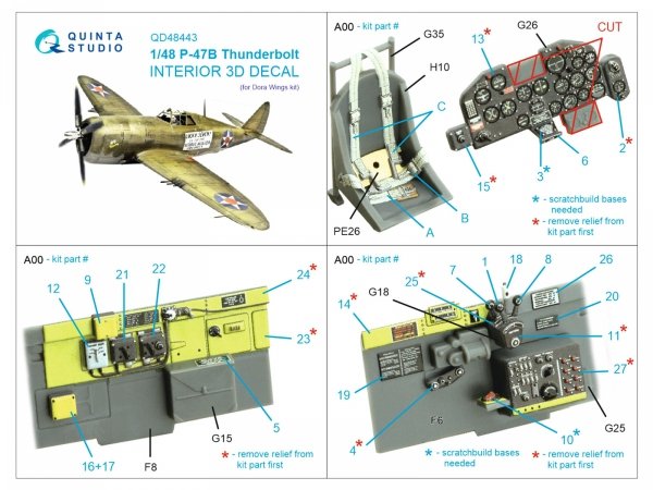 Quinta Studio QD48443 P-47B Thunderbolt 3D-Printed coloured Interior on decal paper (Dora Wings) 1/48